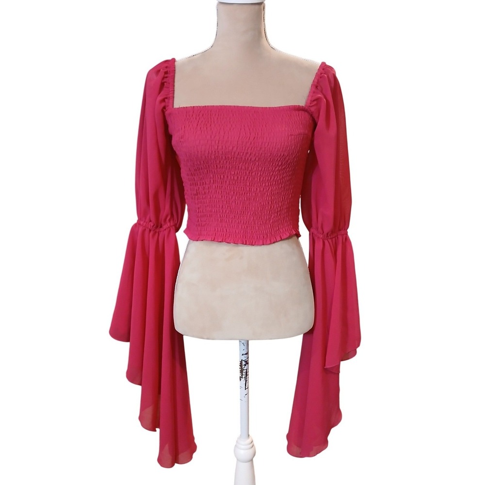 Joy & Ash Smocked Square Neck Bell Sleeve Crop Top Pink M Fairy Ethereal